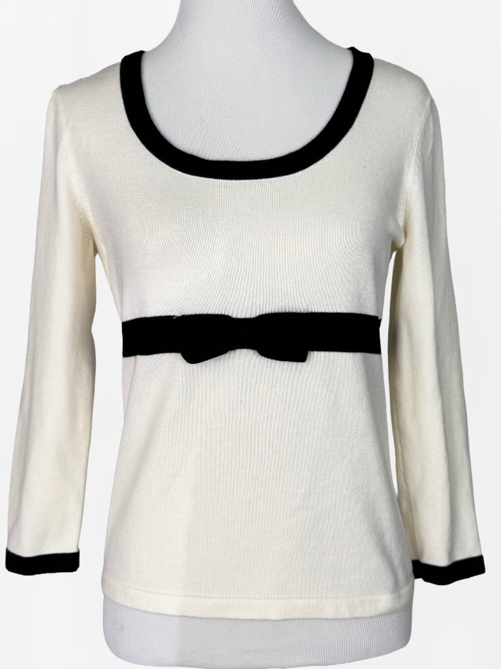 New York & Company Womens 3/4 Sleeve Knit Sweater XS Cream Black Trim Bow Top